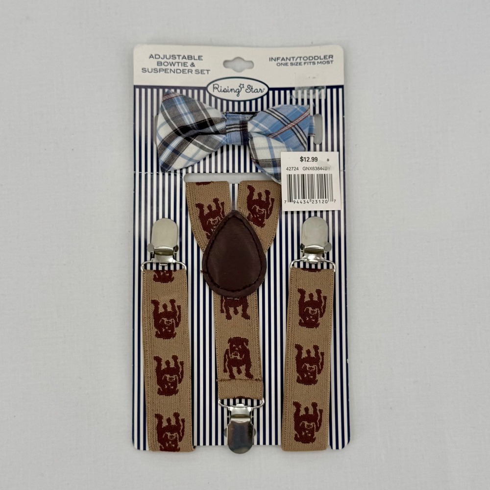 New Rising Star Boy's Adjustable Suspenders & Bow Tie Set Bulldog Infant/Toddler